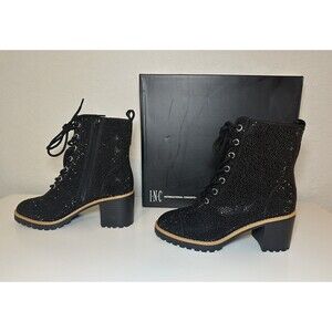 INC Samira 2 Black Bling Heel Lace‎ Zip Ankle Booties Rhinestone Women's 5.5 NIB